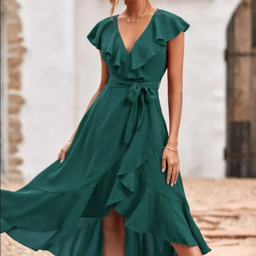 Boho green ruffle hem wrap belted maxi dress